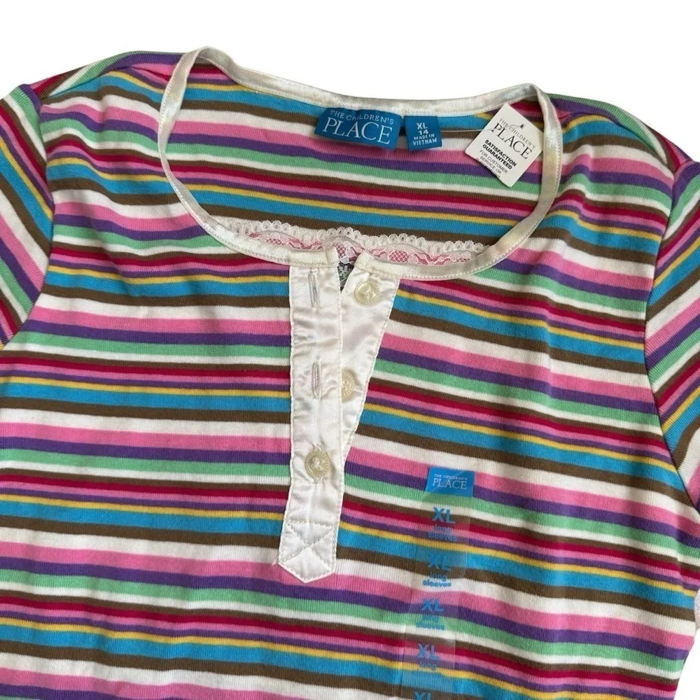 Y2K The Children’s Place Striped Rainbow Top Colorful Henley Lace XL 14 NEW